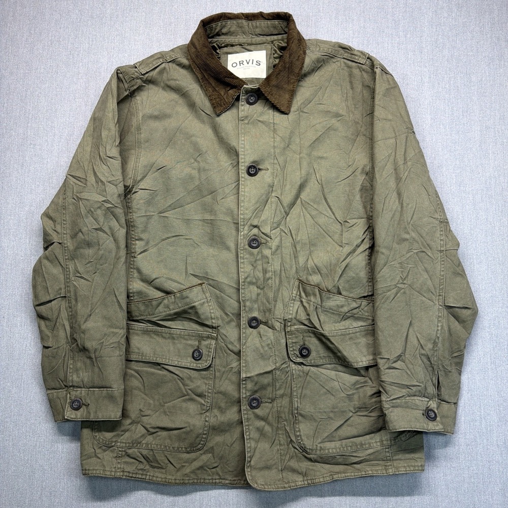 Orvis Field Jacket Men's L Green Barn Chore Coat Corduroy Collar Utility Quilted